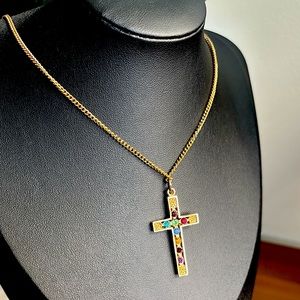 Vintage gold tone necklace with multicolour crystal cross pendant